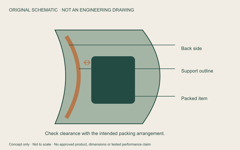Original side relationship schematic: internal support outline, packed items and back-side position. Not an engineering drawing or evidence of load, ventilation or ergonomic performance.
