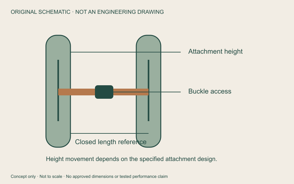 Original sternum-strap schematic: shoulder straps, height references, buckle and closed length. Not an engineering drawing or photograph; not all attachments permit vertical adjustment.