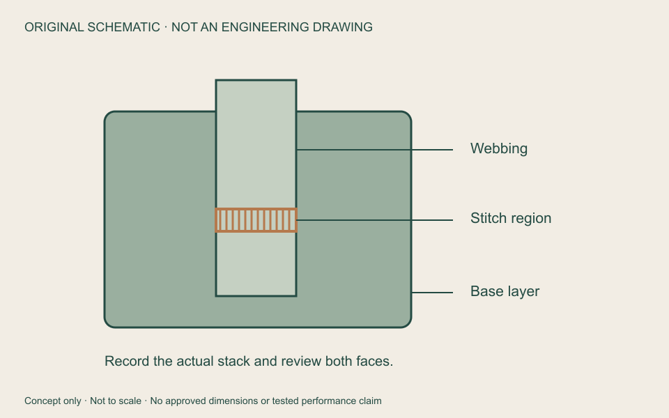 Original bartack placement schematic: webbing, base and stitch region. Not an engineering drawing or strength evidence.