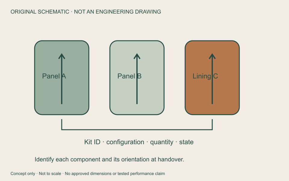 Original cut-panel kit schematic: component identity, orientation and kit reference. Not an engineering drawing or actual production record.