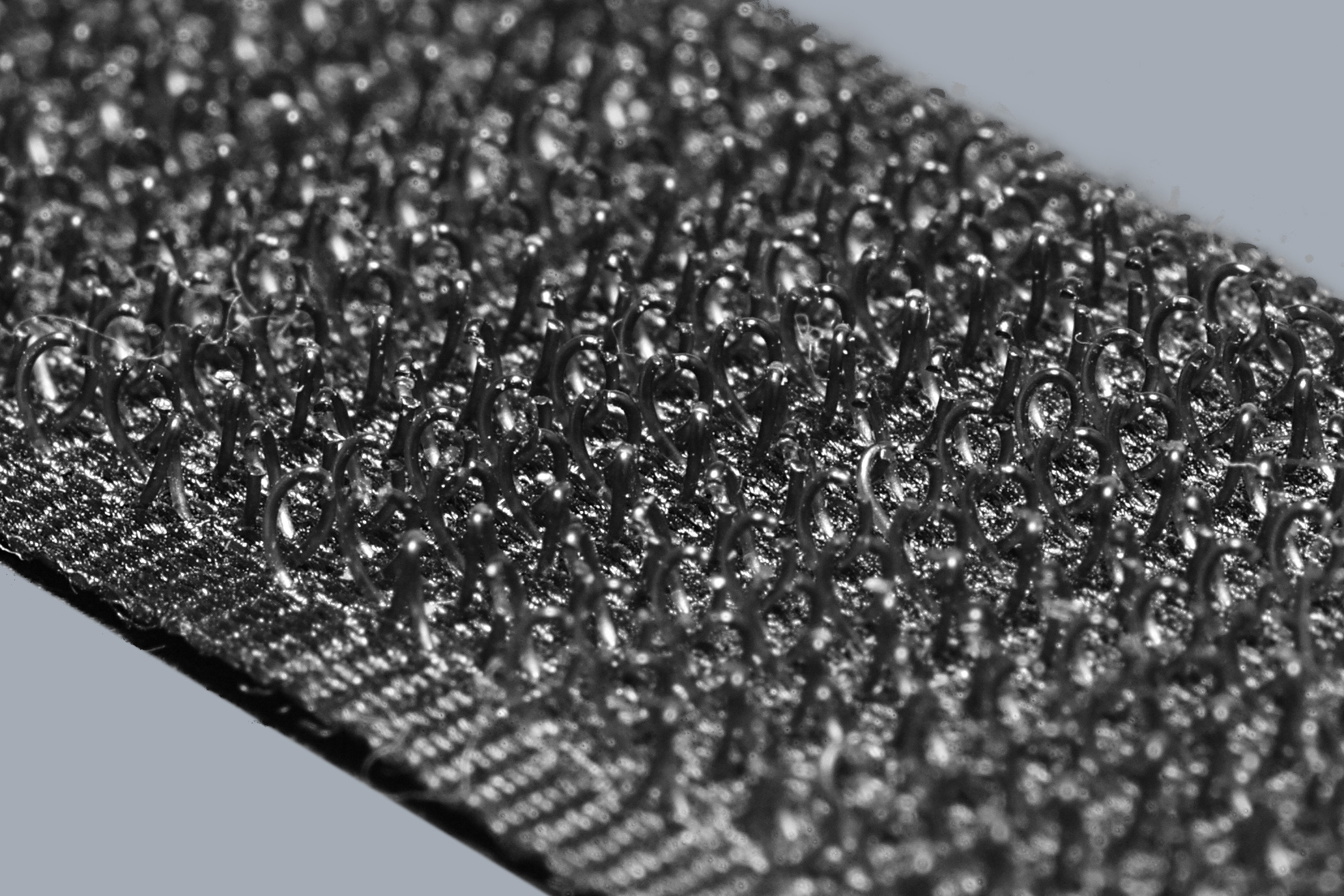 Real macro photograph of curved hook-like filaments and their base. Source revision has background separation by Nagualdesign; unmodified for this article. Brand, polymer, grade and fastening performance are unverified.