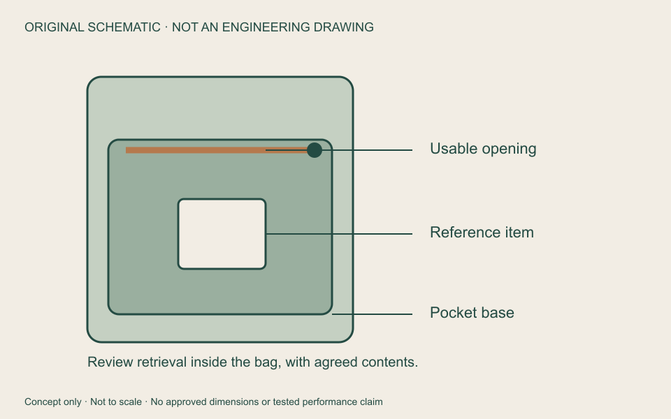 Original interior-pocket schematic: usable opening, reference item and pocket base. Not an engineering drawing or photograph; no dimensions or sewing sequence specified.