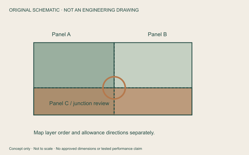 Original junction schematic: three panels and an intersection. Review allowance direction and layer order separately. Not an engineering drawing.