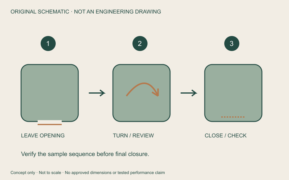 Original turning sequence: leave opening, turn and inspect, close and review. Not an engineering drawing; confirm the sample process.