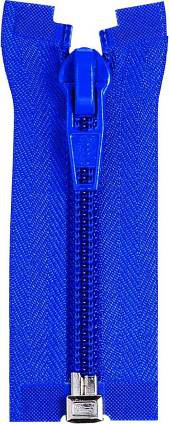 Real photograph of an ordinary blue coil zipper with tape, chain and slider. Basic component reference only; not an identified YKK or coated water-resistant product, or evidence of composition, sealing or performance.