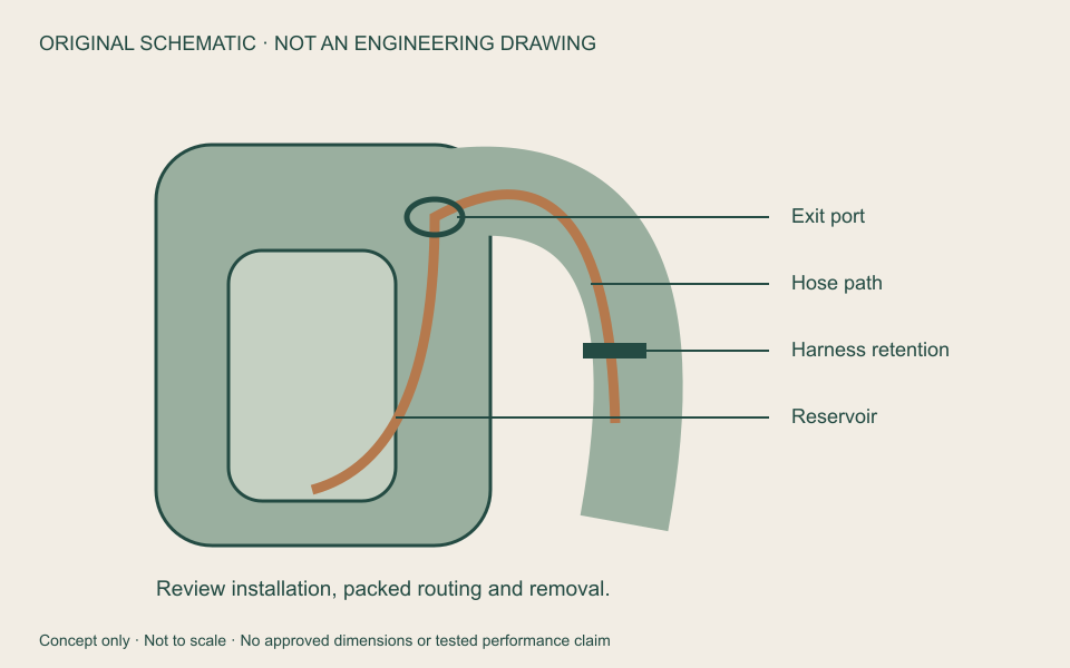 Original routing schematic: reservoir, exit port, hose path and harness retention. Not an engineering drawing or flow specification.