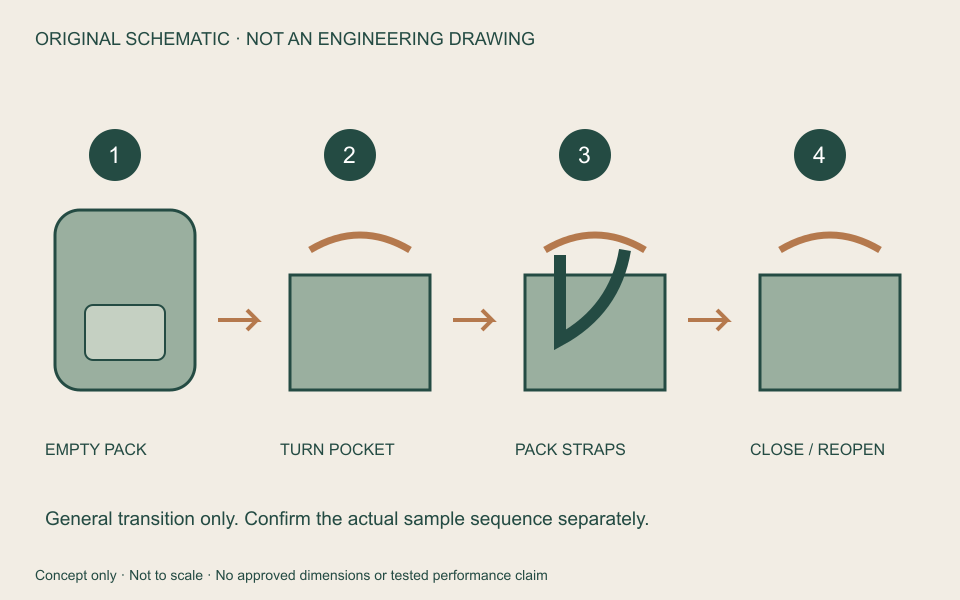 Original transition schematic: empty, reverse pocket, arrange straps, close and redeploy. Not an engineering drawing; verify steps on the sample.