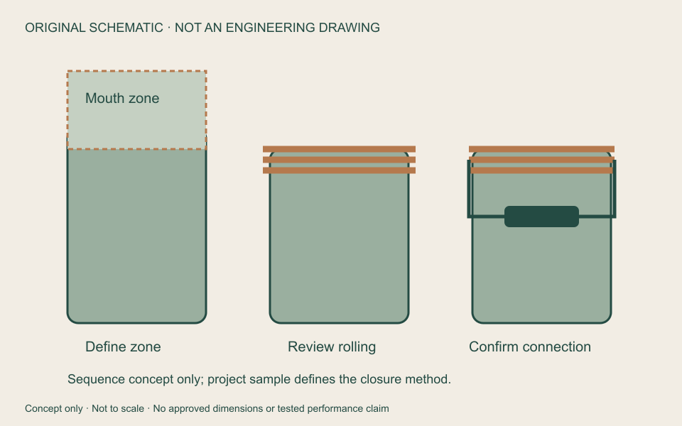 Original roll-top state schematic: mouth zone, rolling and connection. Not an engineering drawing or photograph; no product-specific process or waterproof claim.