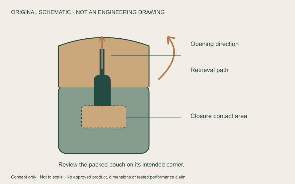 Original tool pouch flap schematic: opening direction, retrieval path and closure contact location. Not an engineering drawing or evidence of a third-party construction or retention performance.
